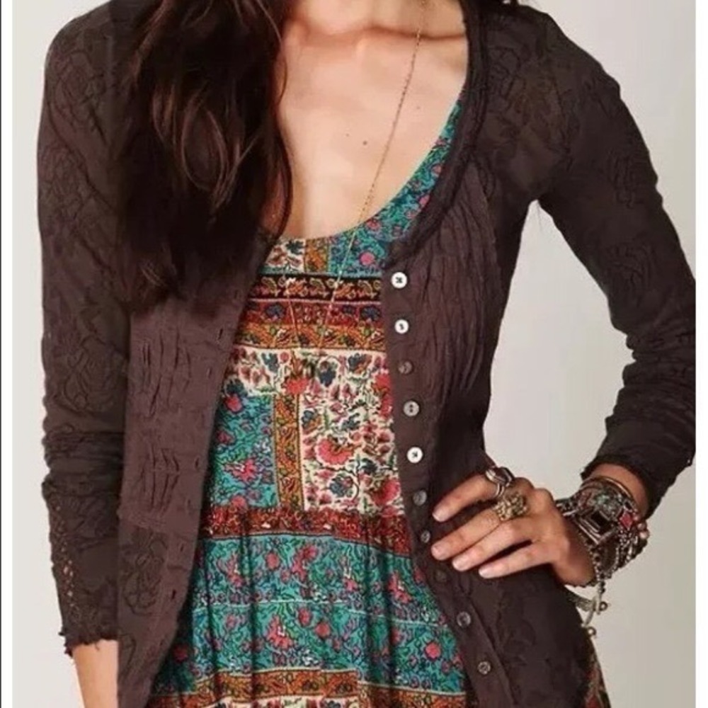 Free People Coastal Tectonic Floral Border Print High Low Ruffle Mini Dress Sz L